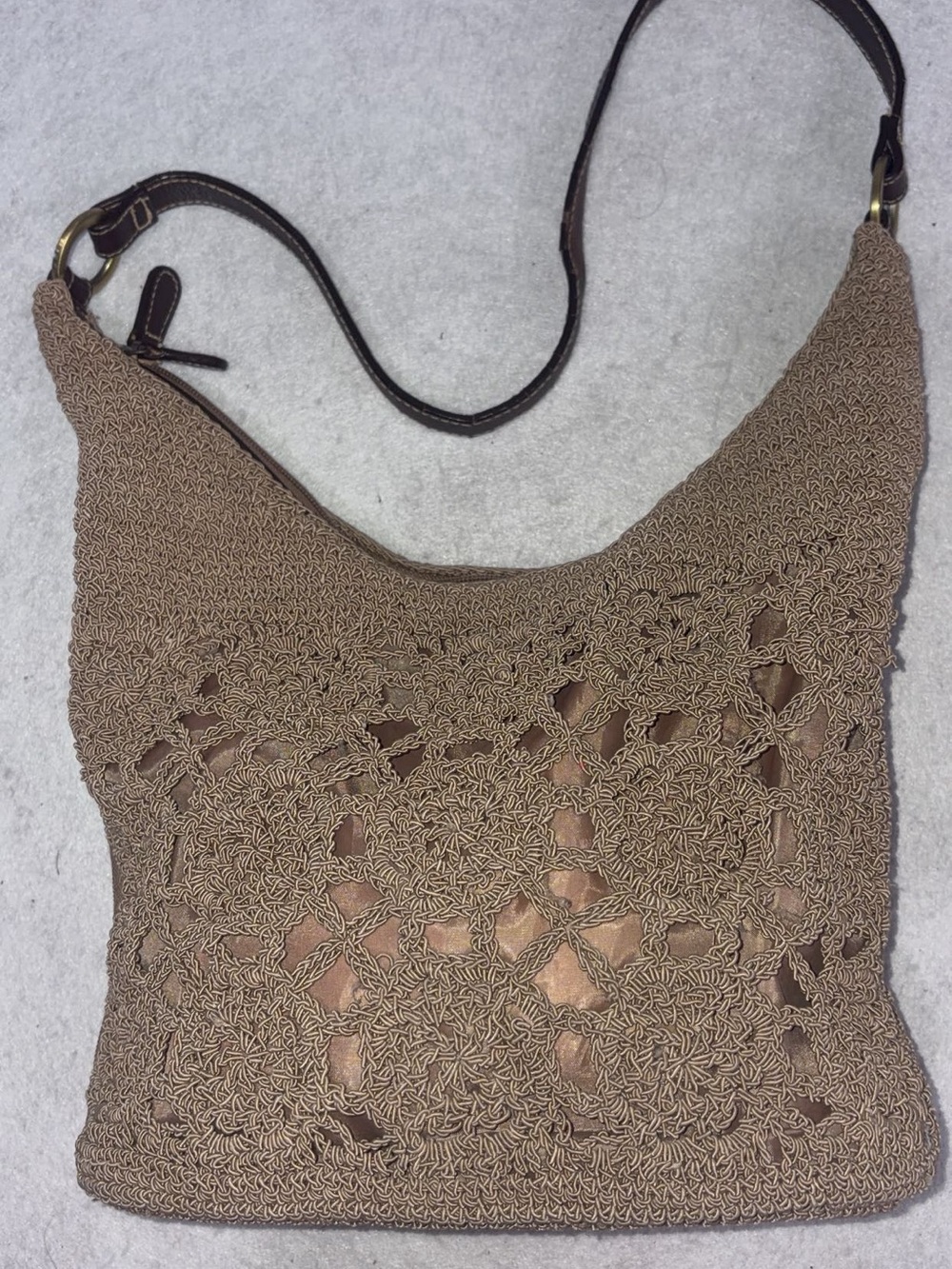 Crocheted Tan Shoulder Bag with Textured Pattern